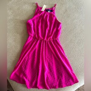 NWT fit and flare hot pink dress. Francesca’s dotted chiffon like dress.
